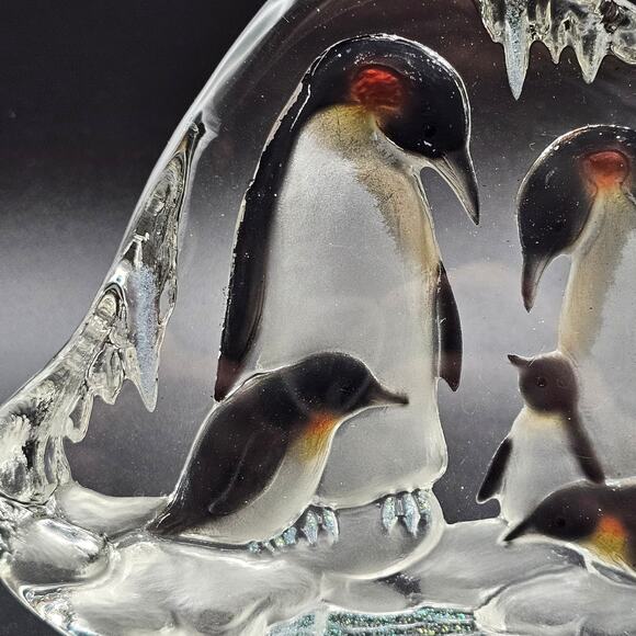 Crystal Glass Penguin Sculpture Iceberg Wildlife Art Figurine Family Scene - Picture 2 of 6